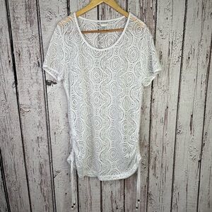 Wearabouts White Lacy Sheer Swim Cover Up Ruched Side Hems Ties Women’s XL Pool